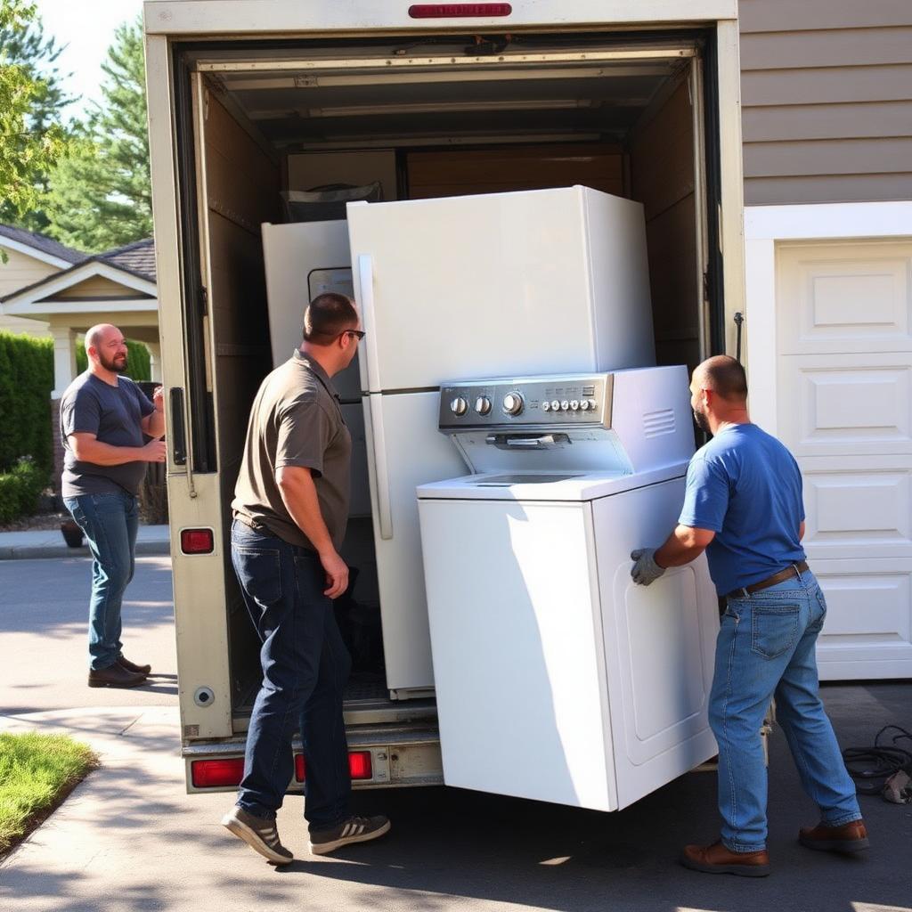 Appliance removal crew loading a fridge into a truck