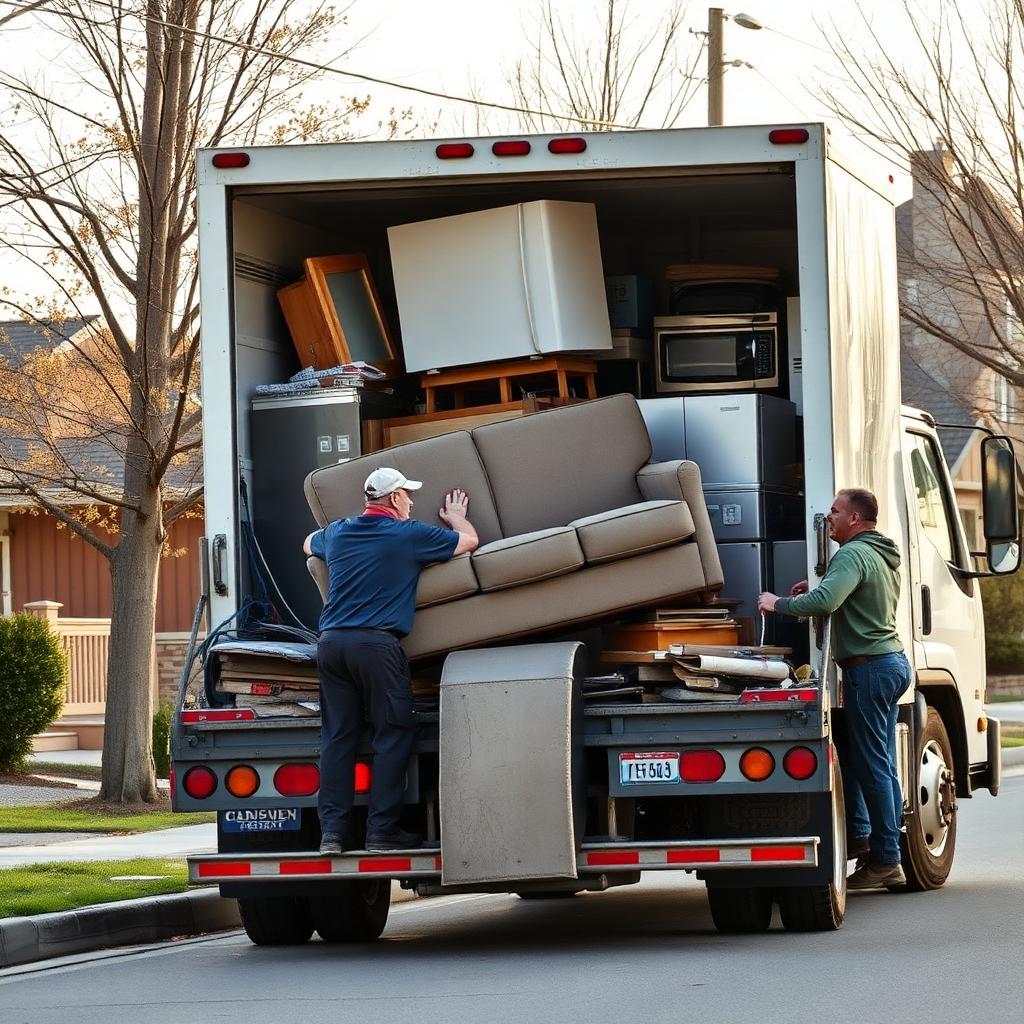 SSM Junk Removal crew loading a truck with a couch, appliances and household items on a Sault Ste. Marie street